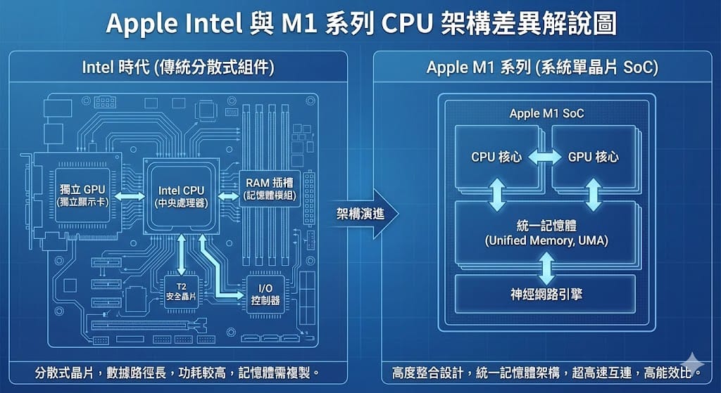 Apple Intel 與 M1 系列架構差異解說圖：比較傳統 Intel 分散式組件（獨立 CPU、GPU、RAM 插槽、T2 晶片）與 Apple Silicon M1 系統單晶片 (SoC) 的統一記憶體 (UMA) 高度整合設計。