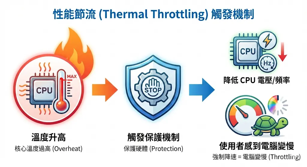 性能節流 (Thermal Throttling) 運作原理圖解：當 CPU 核心溫度過高時，系統如何觸發保護機制並強制降速，導致 Mac 電腦變慢。