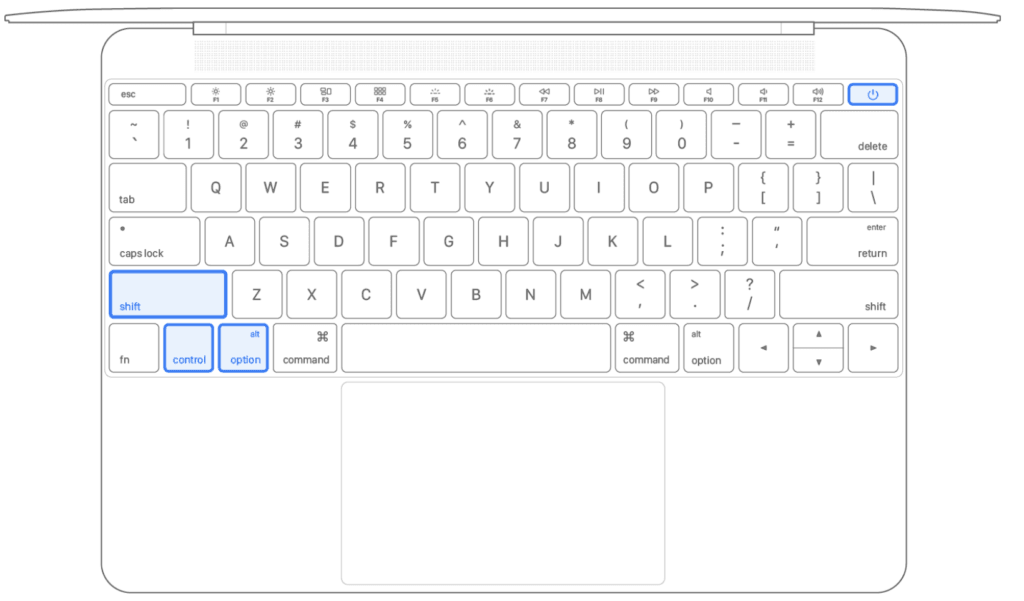 鍵盤Shift + Control + Option (皆為左側) 與電源鍵組合示意圖