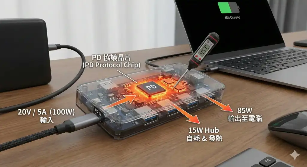 插上 Type-C Hub 變慢 原理圖：100W 電力分配顯示 15W 自耗發熱導致 Mac 降頻