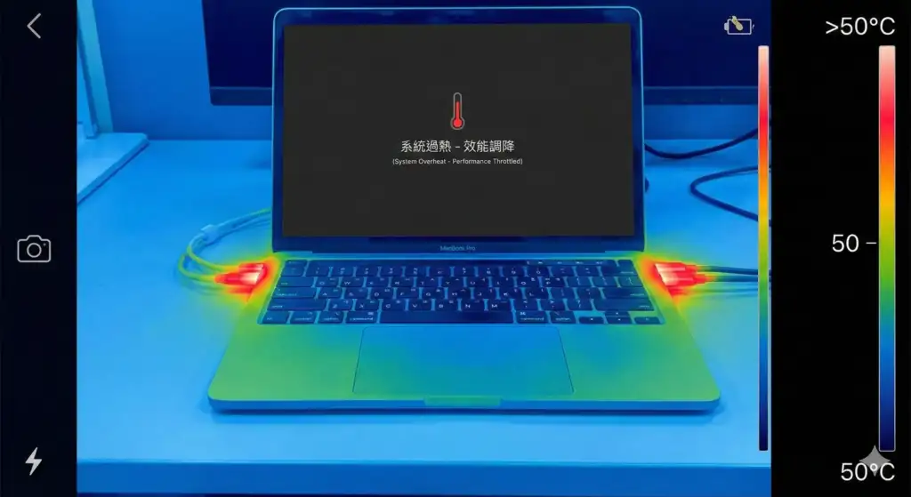 MacBook 散熱測試圖：紅外線顯示接口熱量突破 50°C 觸發「系統過熱 - 效能調降」警告