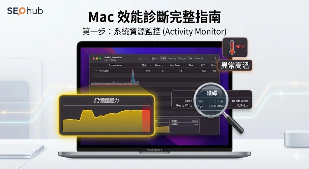 Mac 效能診斷完整指南手繪風格首圖，總覽電腦變慢與過熱的排查重點，包含 CPU/GPU 高負載、記憶體壓力、儲存空間不足、散熱下降、外接設備影響及電源管理異常等六大核心問題圖示。