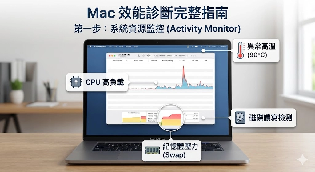 Mac 效能診斷第一步:使用活動監視器監控系統資源示意圖。圖中標示需重點觀察的 CPU 高負載、記憶體壓力 (Swap) 狀態、磁碟讀寫速度及是否出現異常高溫。