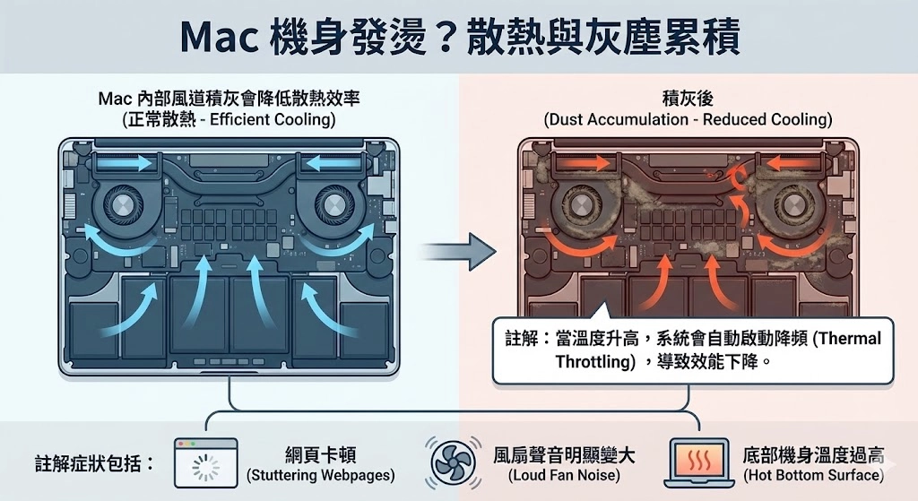 Mac 機身發燙原因圖解：對比內部正常散熱與積灰後氣流受阻狀況，說明灰塵累積降低散熱效率，引發系統降頻 (Thermal Throttling)，導致網頁卡頓、風扇噪音變大與底部過熱。