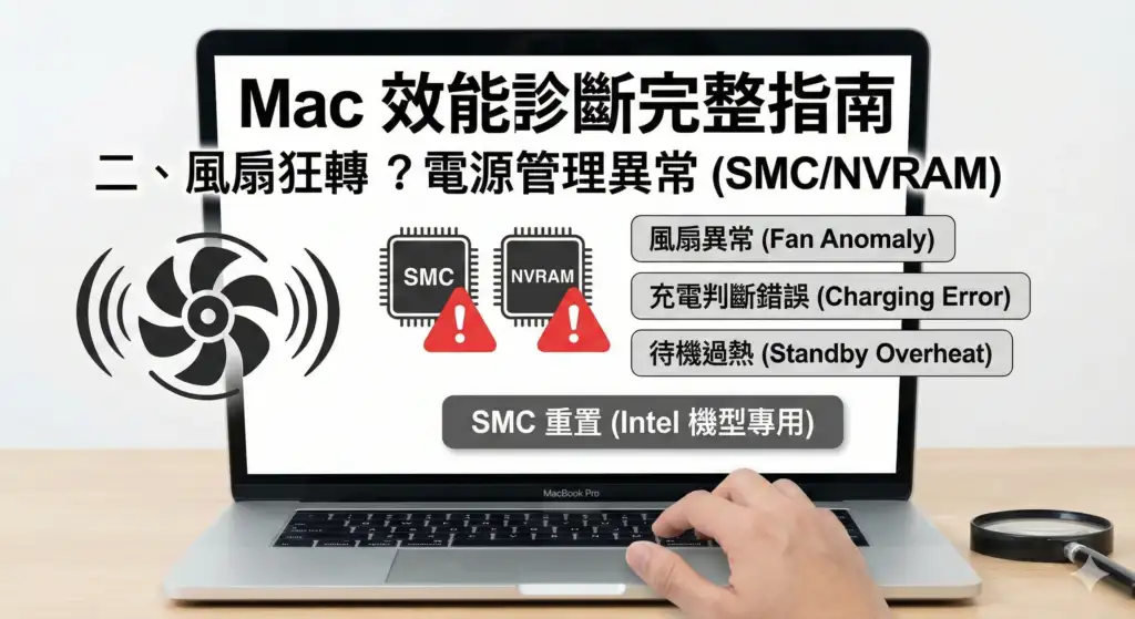 Mac 風扇狂轉與電源管理異常診斷圖，圖解 SMC 與 NVRAM 故障導致的風扇異常、充電錯誤及待機過熱症狀，並提示 Intel 機型需進行 SMC 重置。