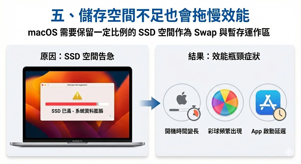Mac 儲存空間不足拖慢效能圖解:左側顯示 SSD 已滿與系統資料膨脹警告,右側說明導致開機變長、彩球頻繁出現及 App 啟動延遲等效能瓶頸。