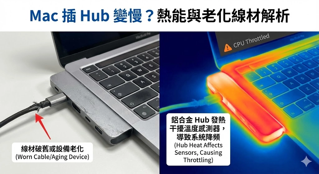 Mac 插 Type-C Hub 變慢解析圖：左側實拍線材老化破舊，右側熱成像顯示鋁合金 Hub 高溫運作干擾 Mac 溫度感測器，導致系統 CPU 降頻。