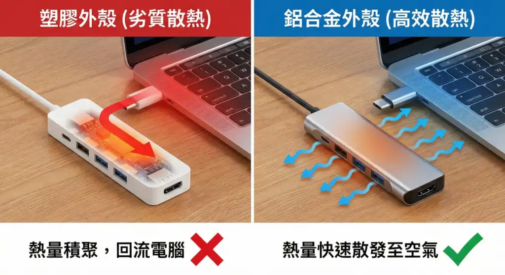Type-C Hub 散熱材質比較圖：塑膠外殼導致熱量回流電腦，鋁合金外殼高效散熱避免 MacBook 變慢