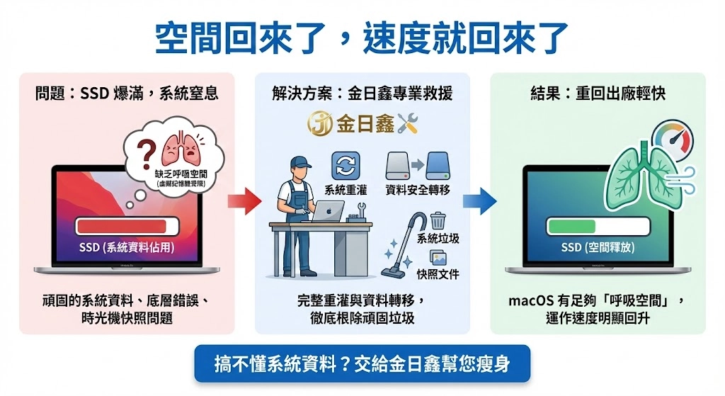 金日鑫專業維修方案：針對 Mac 空間不足提供的系統重灌、資料安全轉移與徹底釋放呼吸空間之三步驟救援流程。