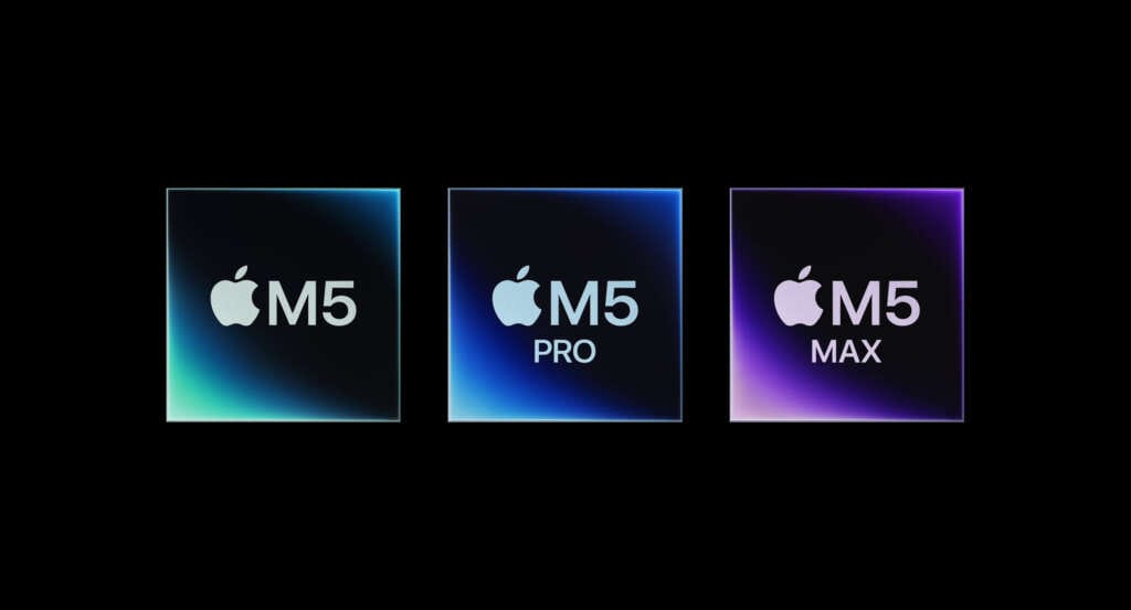 Apple Macbook M5 家族晶片示意圖，包含 M5、M5 Pro 與 M5 Max 三款處理器圖示。