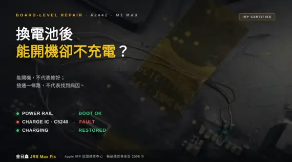 一條飛線背後的真相：MacBook Pro A2442 換電池後能開機卻不充電？