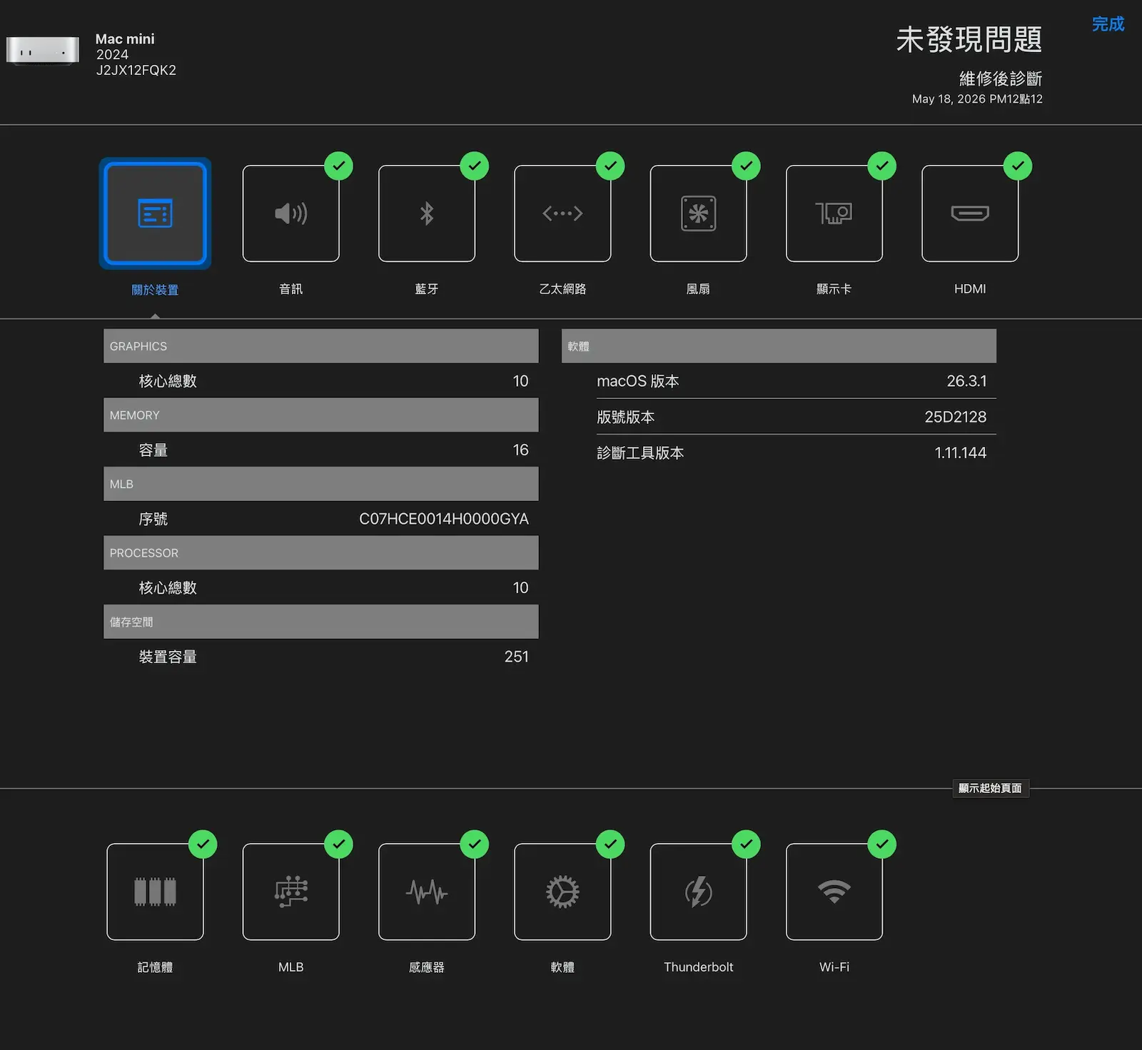 Mac mini M4 無法開機修復後 Apple 診斷工具全模組通過,音訊藍牙乙太網路風扇顯示卡 HDMI 記憶體 MLB 感應器軟體 Thunderbolt Wi-Fi 全數通過