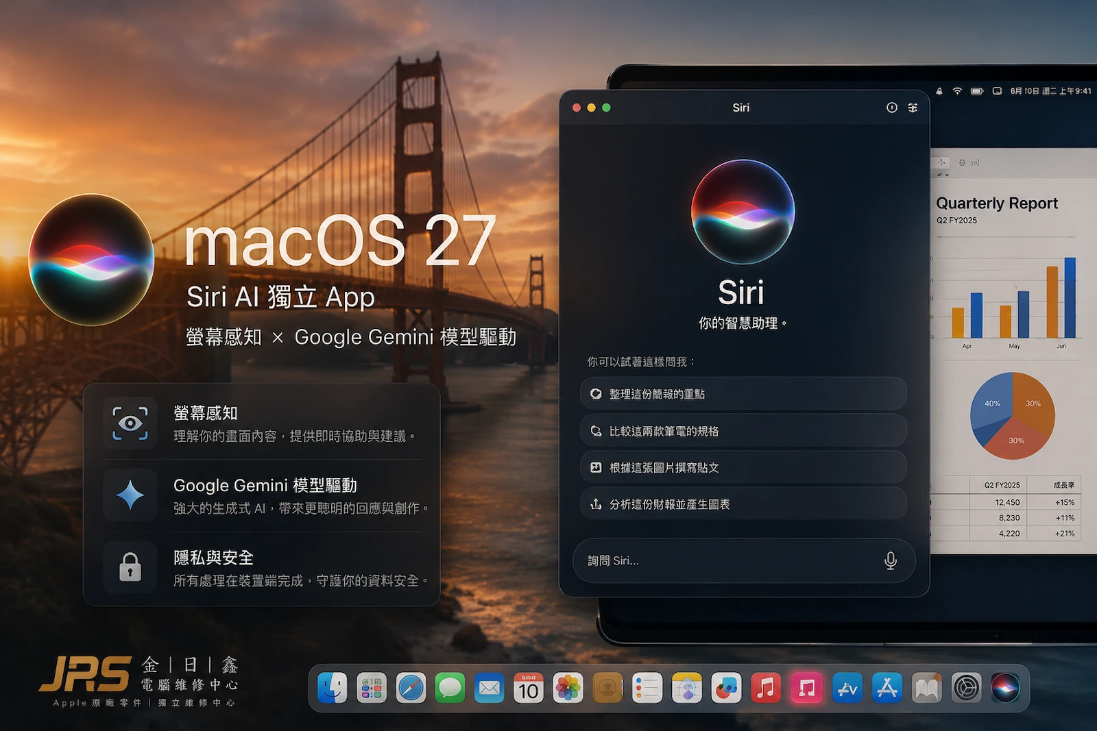 macOS 27 Siri AI 獨立 App、螢幕感知與 Google Gemini 模型驅動示意